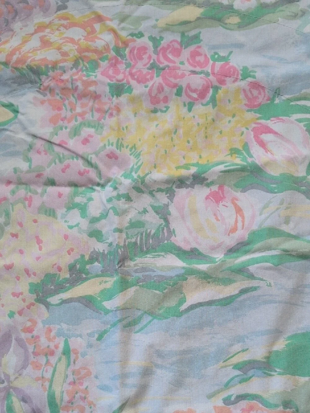 Vintage 80s Cotton Pastel Monet Floral Watercolor Curtains Panels & Valance Set